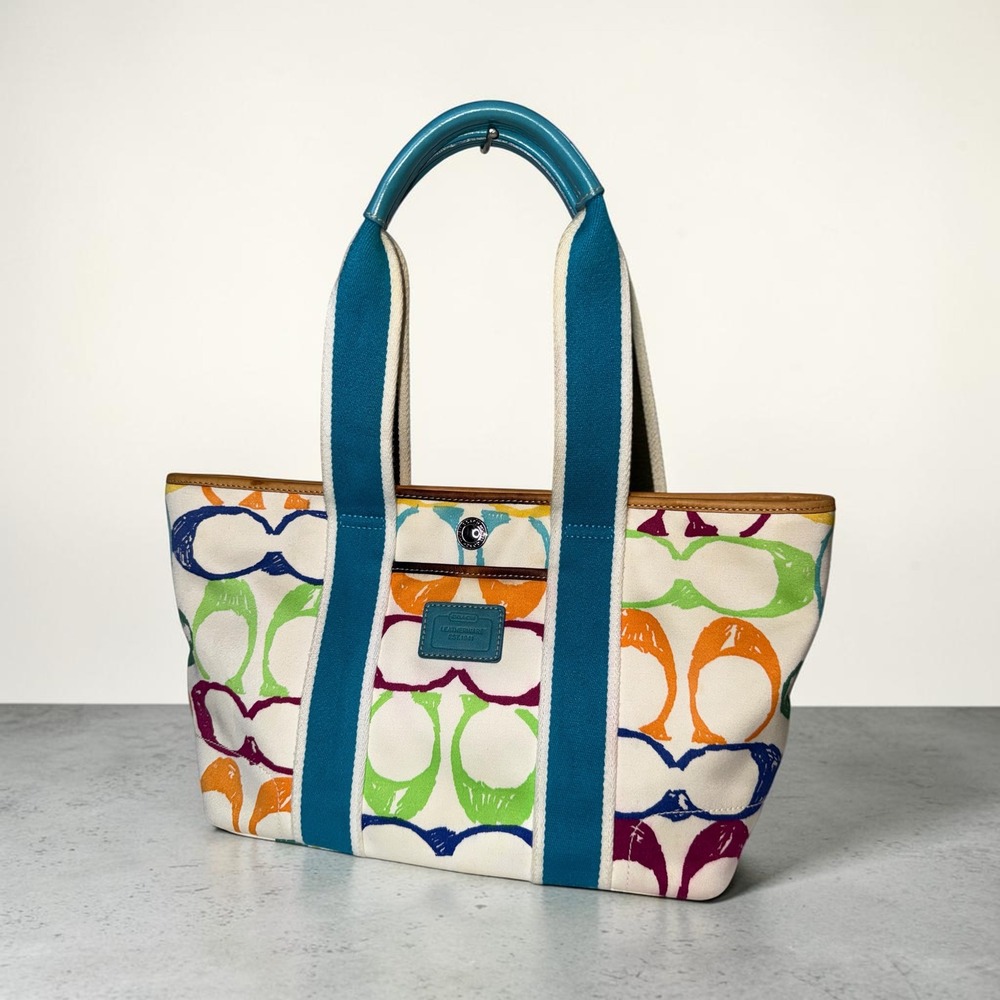Vintage Coach Scribble Tote 5660 Multicolor Rainbow Canvas Turquoise Y2K Bag